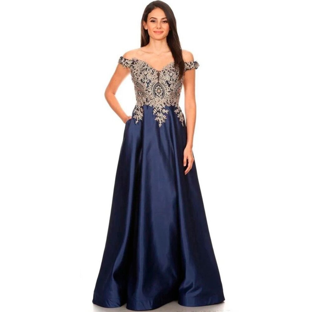 Eureka XS Navy Blue Evening Gown w/ Gold Beaded Bodice, Tulle Lining